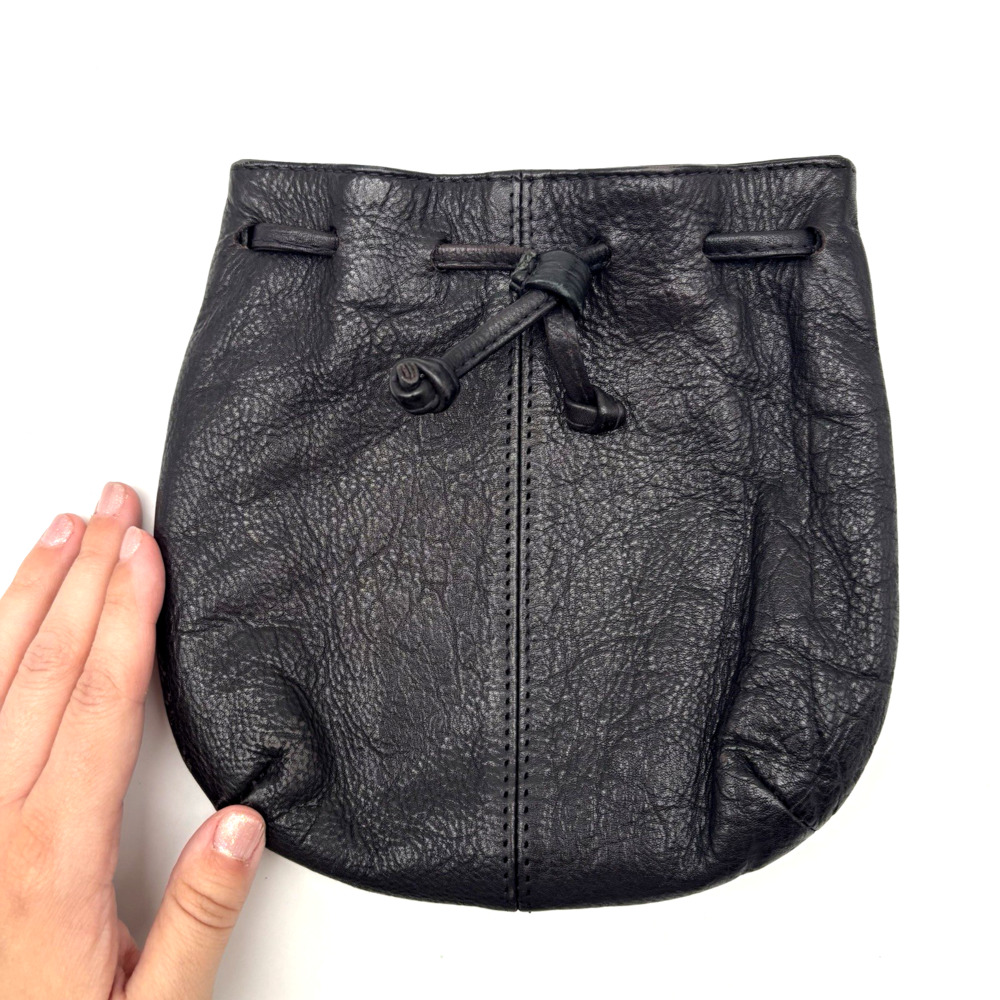Vintage 90s Y2K Black Pebble Genuine Leather Drawstring Pouch Clutch 7.5x7.5"